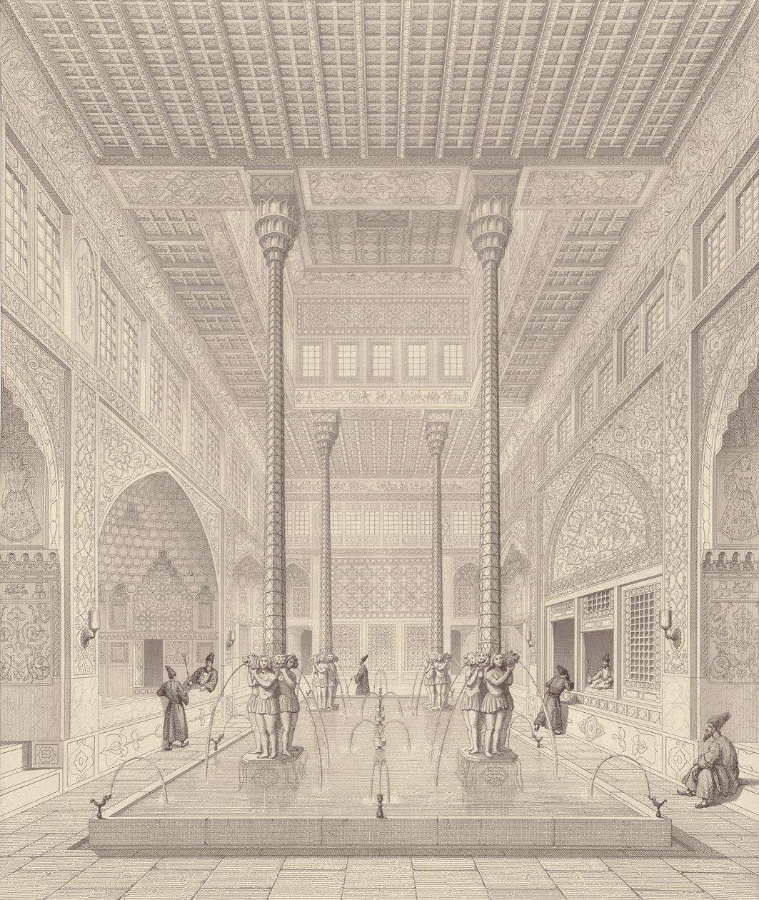 Interno del Palazzo Tchar-Bach, Isfahan, da Monumenti Moderni della Persia, inciso da Claude Sauvageot (1832-85) e Jean Charles Huguet, 1856 da Pascal Xavier after Coste