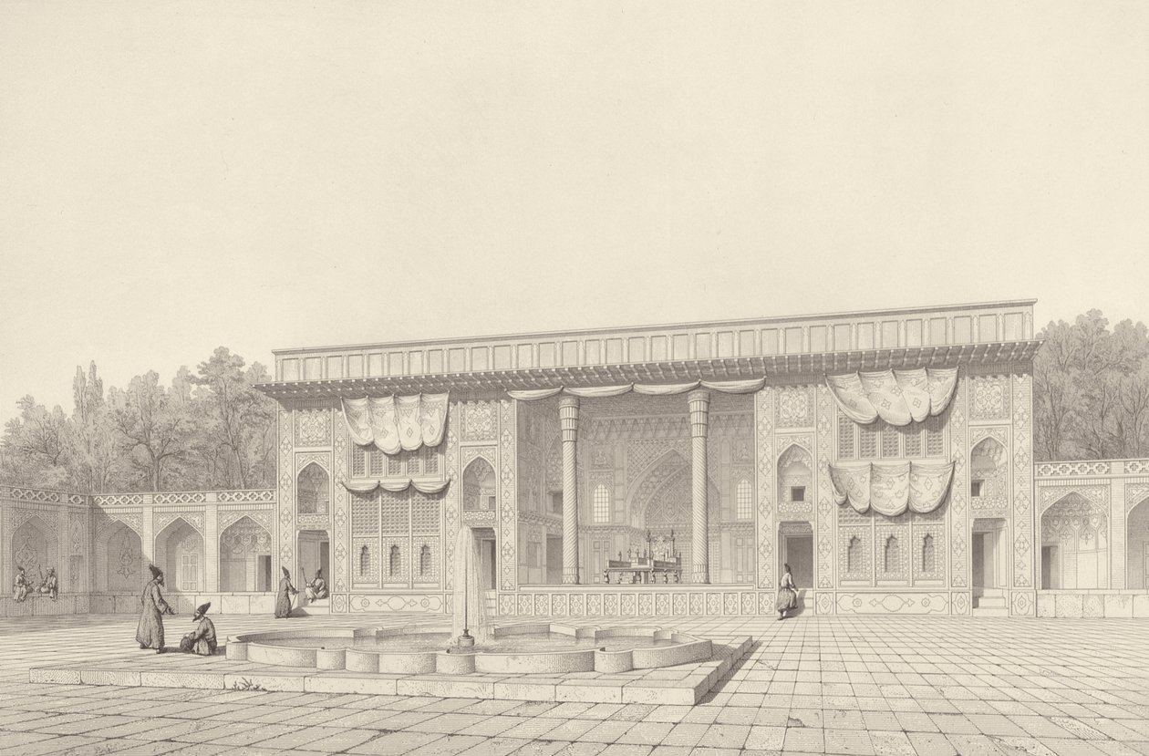 Padiglione del Trono, a Teheran, da Voyage Pittoresque of Persia, inciso da Claude Sauvageot (1832-85) pubblicato da Lemercier, Parigi, 1856 da Pascal Xavier after Coste