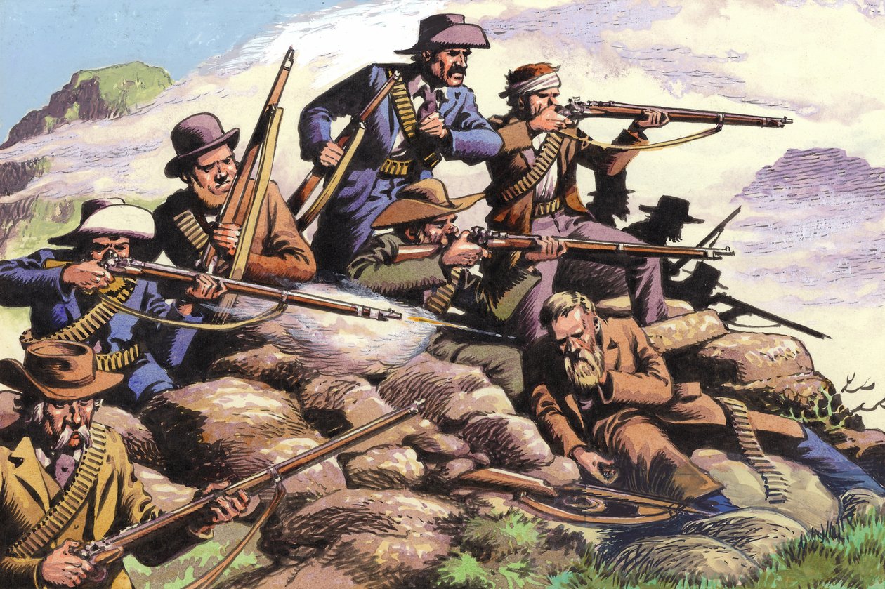 1880, Boeri del Transvaal che combattono a Majuba Hill durante la Prima guerra boera (gouache su carta) da Pat (1907 95) Nicolle