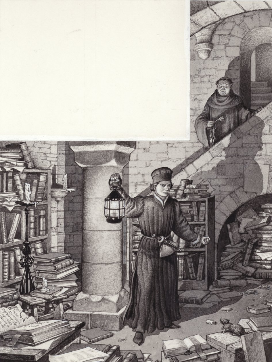 Poggio Bracciolini nella biblioteca trascurata del monastero di San Gallo (gouache su carta) da Pat (1907 95) Nicolle