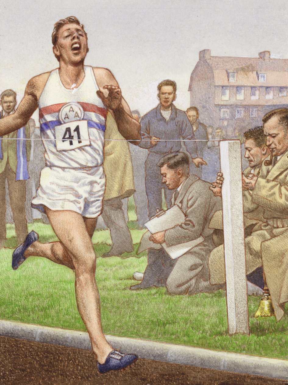 Roger Bannister che corre il primo miglio in quattro minuti (gouache su carta) da Pat (1907 95) Nicolle