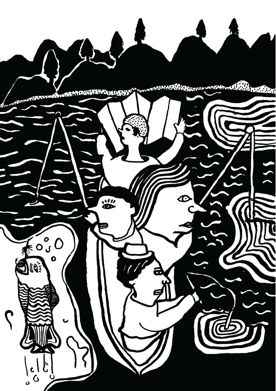 Cattura di un pesce, 2014 (inchiostro e pennello) da Pat Macdonald