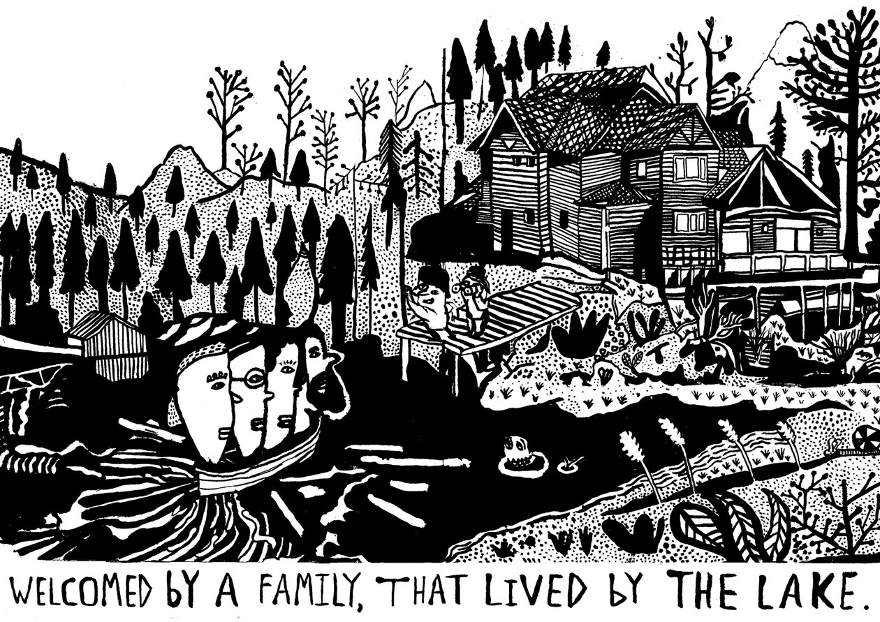 Accolto da una famiglia, 2014 (inchiostro e pennello) da Pat Macdonald