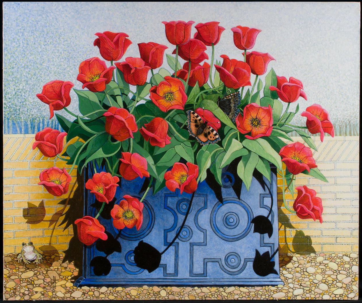 Getting There, 2011 (acrilico su calico) fiori; tulipani; natura morta; finestra; rospo; rana; farfalle; da Pat Scott