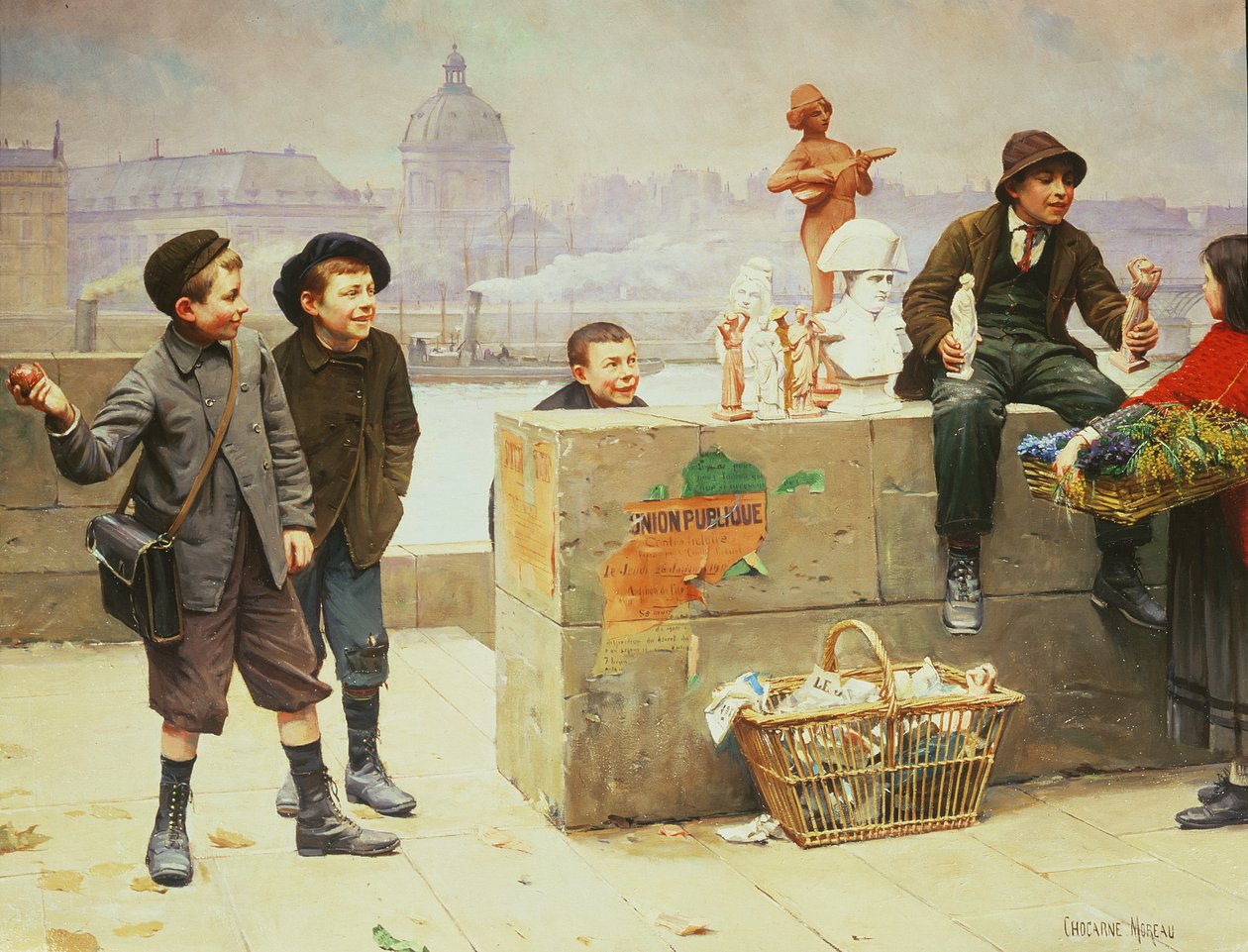Giovani venditori ambulanti sul Pont Des Arts, Parigi da Paul Charles Chocarne Moreau