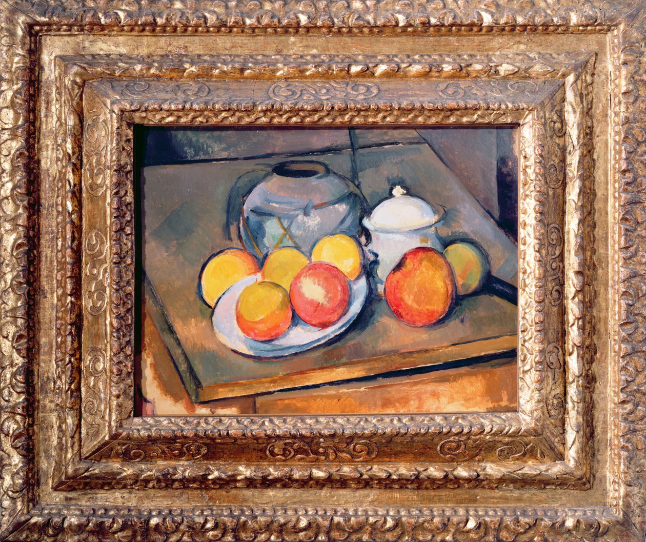 Vaso coperto di paglia, zuccheriera e mele, 1890-93 da Paul Cézanne