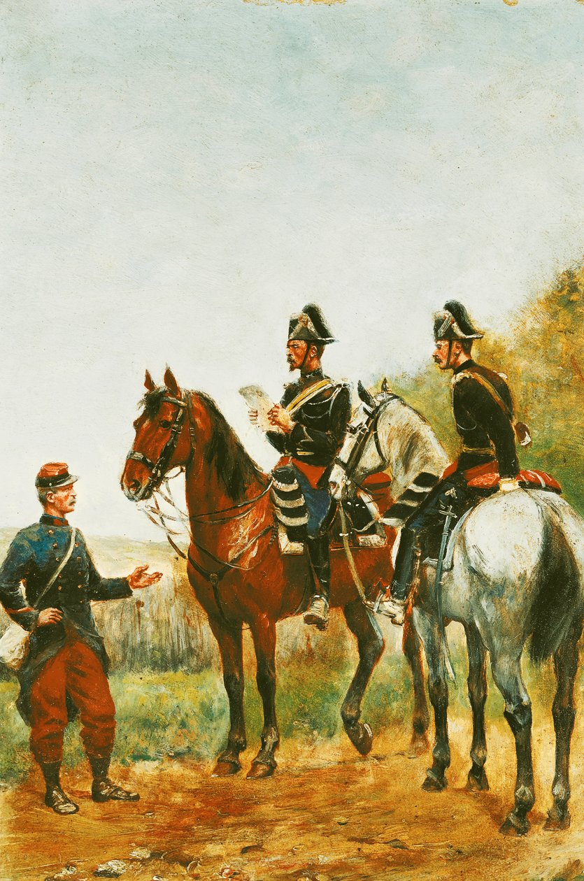 Ufficiali di polizia in un tour di ispezione che controllano un militare nel 1885 da Paul Emile Leon Perboyre