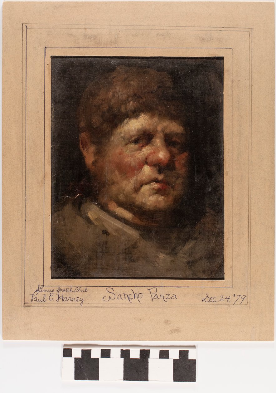 Piccolo dipinto a olio su tela di Sancho Panza, lo scudiero immaginario nel Don Chisciotte di Cervantes da Paul Harney