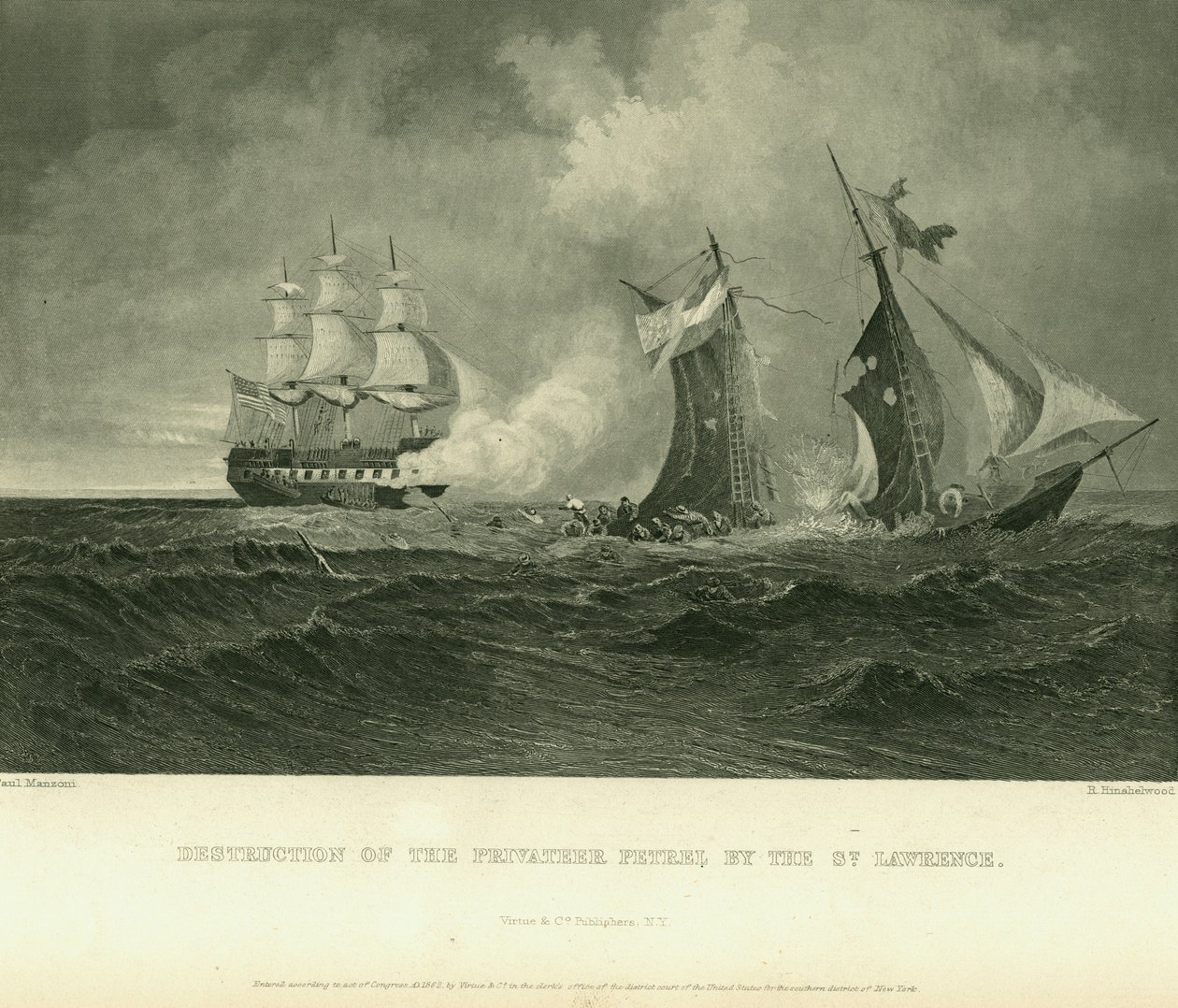 Stampa di una nave che affonda con diversi marinai in acqua in primo piano da Paul Manzoni and R. Hinshelwood