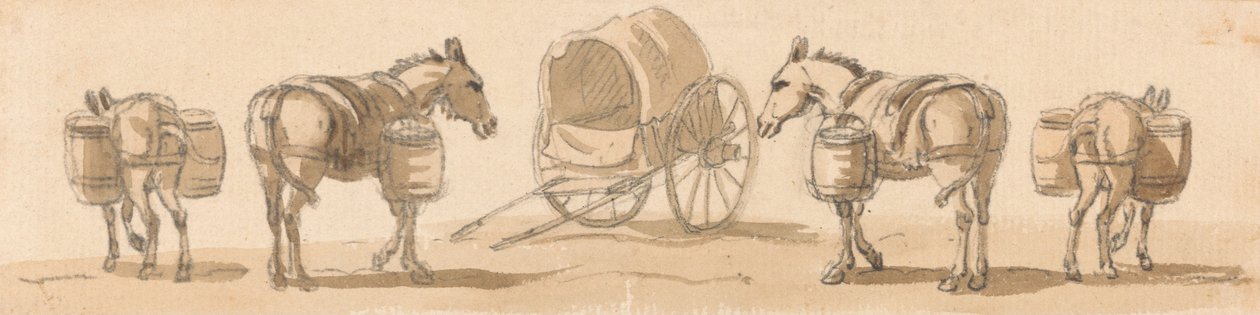 Quattro muli con ceste e un carro da Paul Sandby