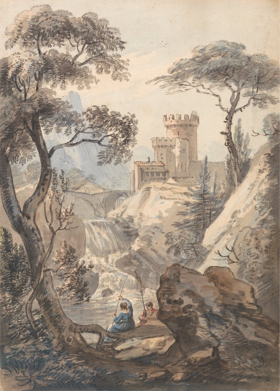 Paesaggio italianeggiante con castello, cascata e pescatori da Paul Sandby