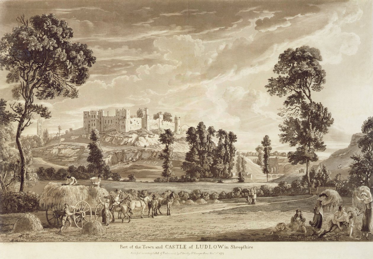 Parte della città e del castello di Ludlow nello Shropshire, inciso dall