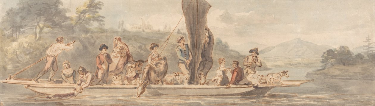 Traghetto fluviale con molti passeggeri e animali da Paul Sandby