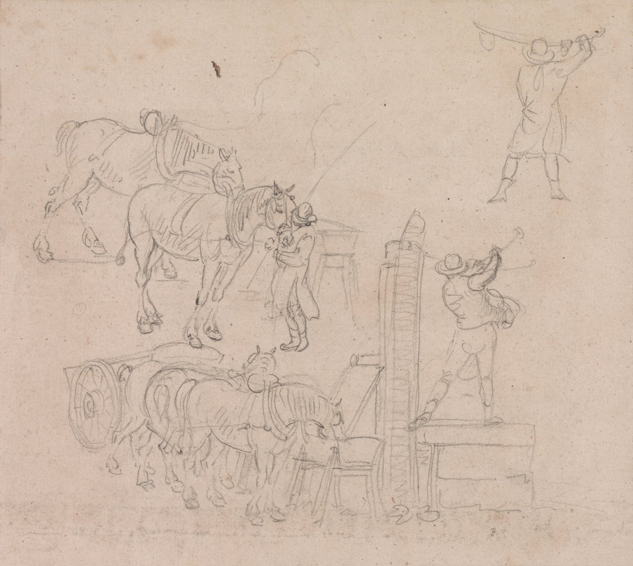 Studi di un carrettiere che pompa acqua per i suoi cavalli da Paul Sandby