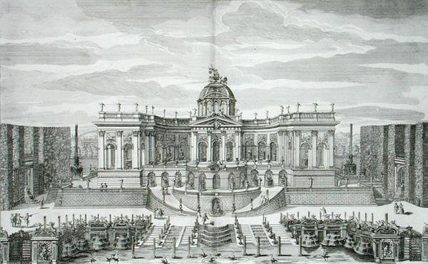 La Grande Grotta e il Giardino della Fontana al Palazzo del Piacere Principe e Giardini, Berlino, inciso da Johann August Corvinus, pubblicato c.1711-16 da Paul Decker