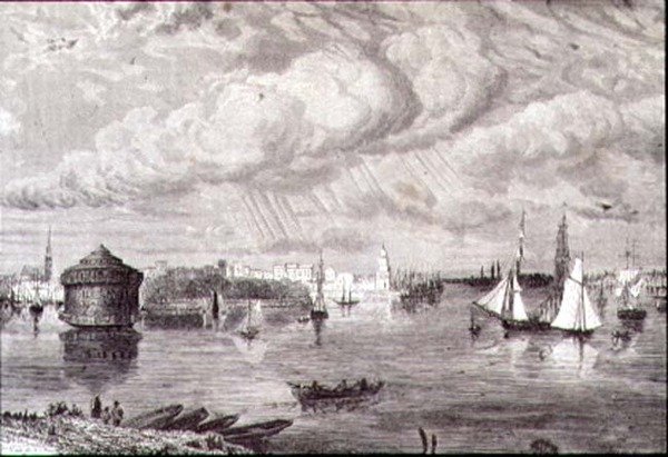 Porto di New York negli anni 1860 (incisione) da Paul (after) Huet