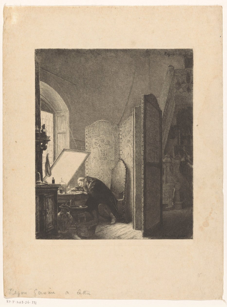 Rembrandt che incide nel suo atelier da Paul Adolphe Rajon