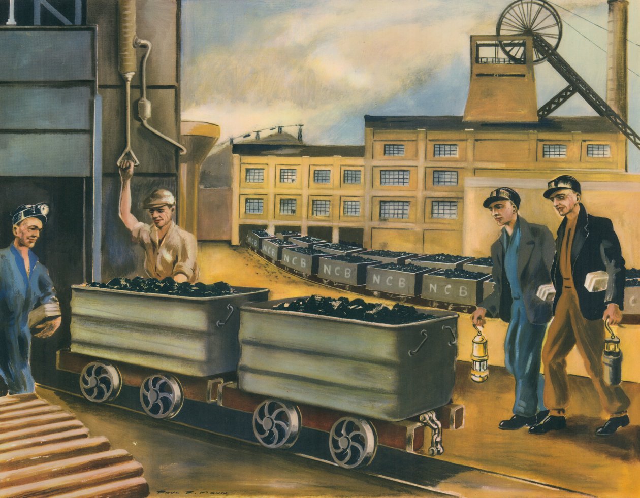 La testa del pozzo di una miniera di carbone nel Regno Unito (litografia a colori) da Paul B. Mann