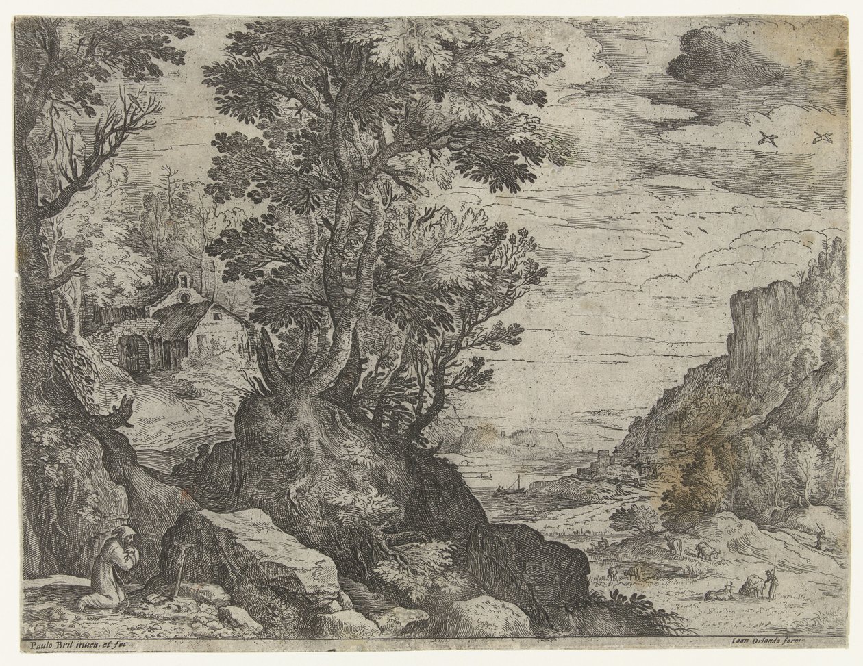 Paesaggio montano con eremita in preghiera da Paul Bril