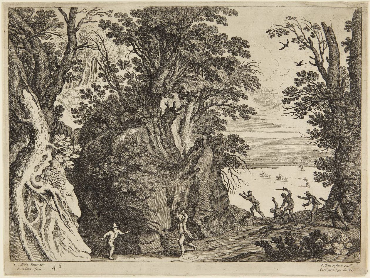Lotta tra uomini in un paesaggio roccioso da Paul Bril