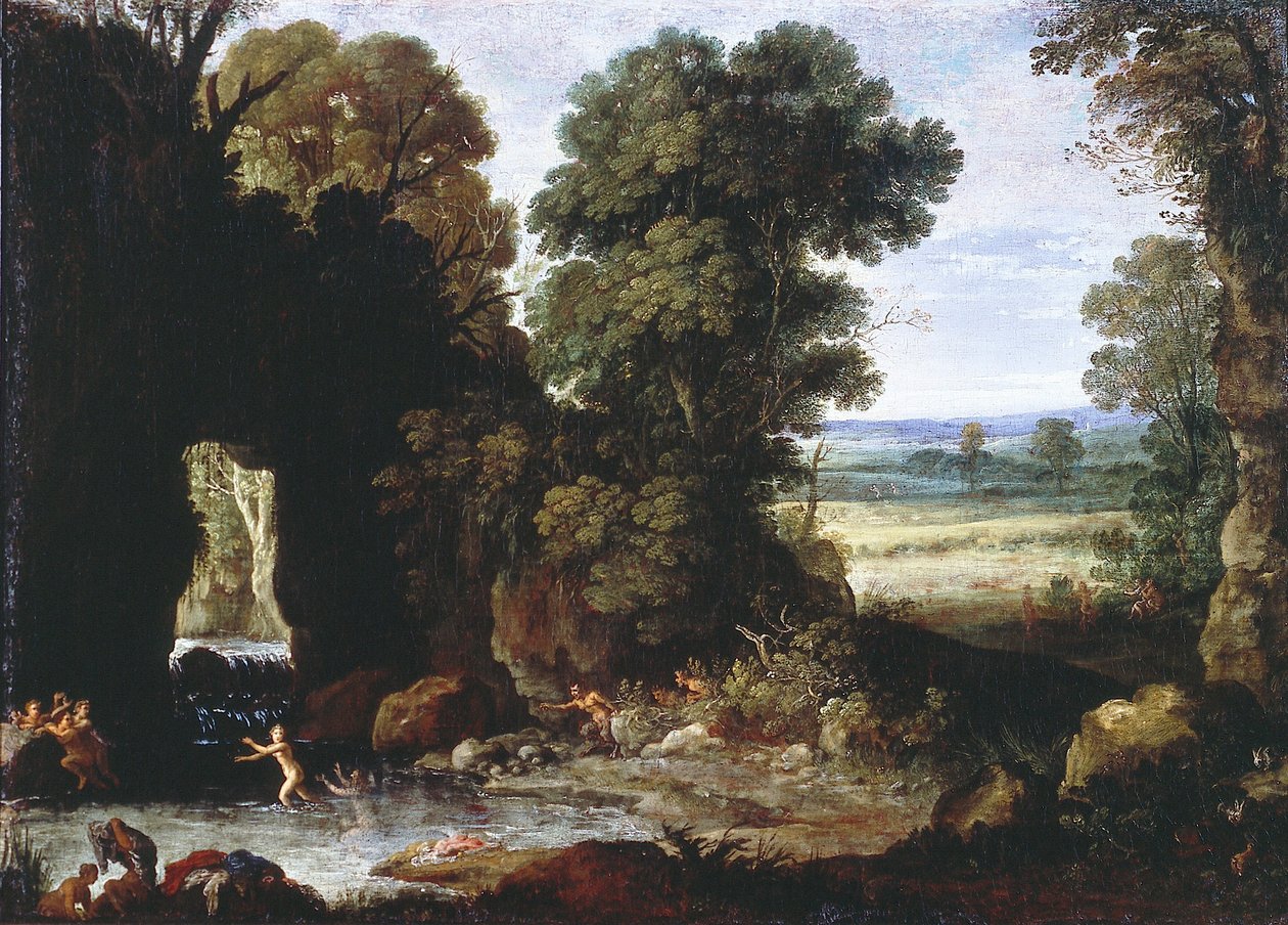Paesaggio boschivo con ninfe e satiri da Paul Bril