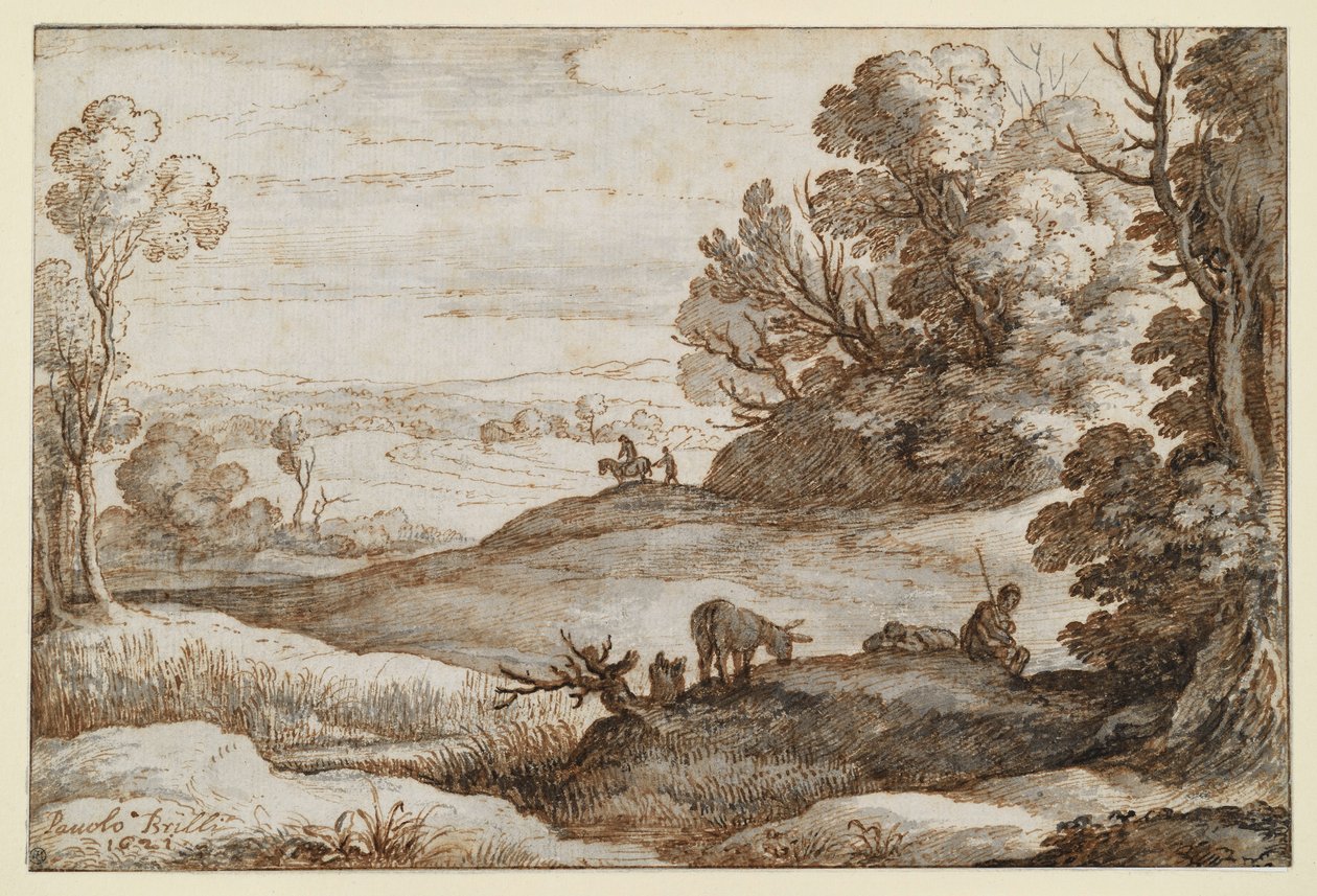 Paesaggio collinare con alberi e panorama; in primo piano, due uomini e un asino da Paul Bril