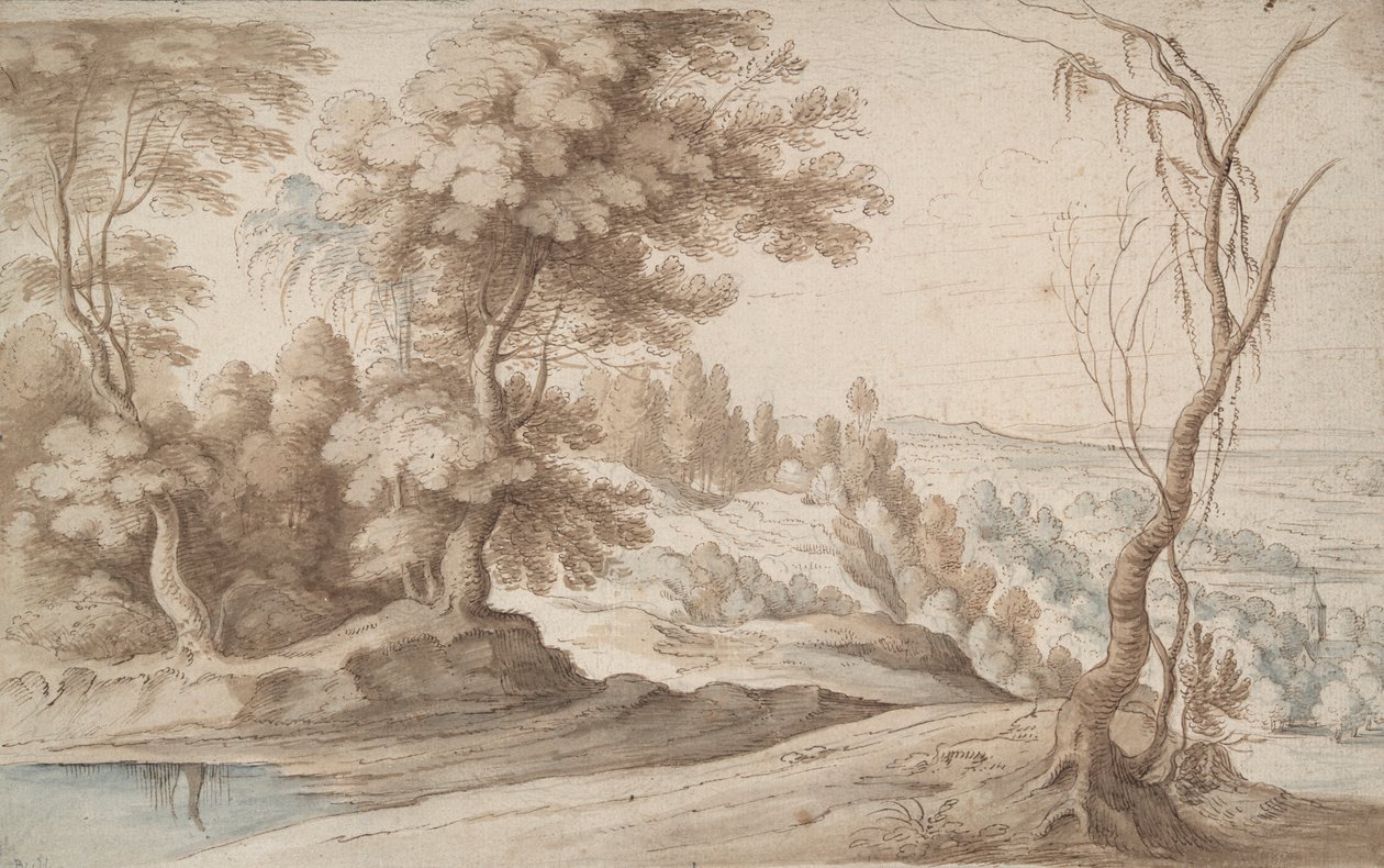 Paesaggio con alberi e vista su una valle da Paul Bril