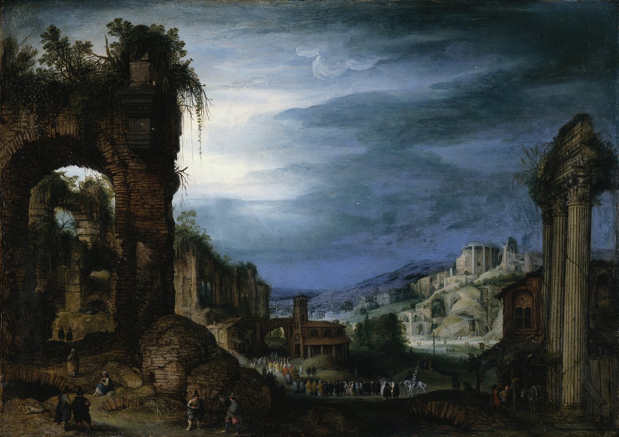 Paesaggio di rovine romane con una processione da Paul Bril