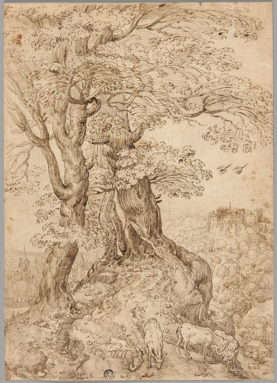 Paesaggio boscoso con asini e capre, e castello su una collina in lontananza da Paul Bril