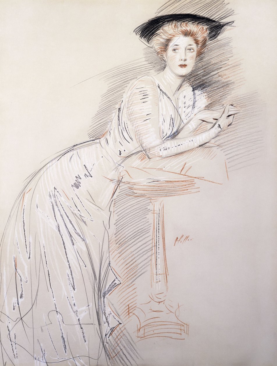 Ritratto di Miss Taylor appoggiata a un tavolo da Paul Cesar Helleu
