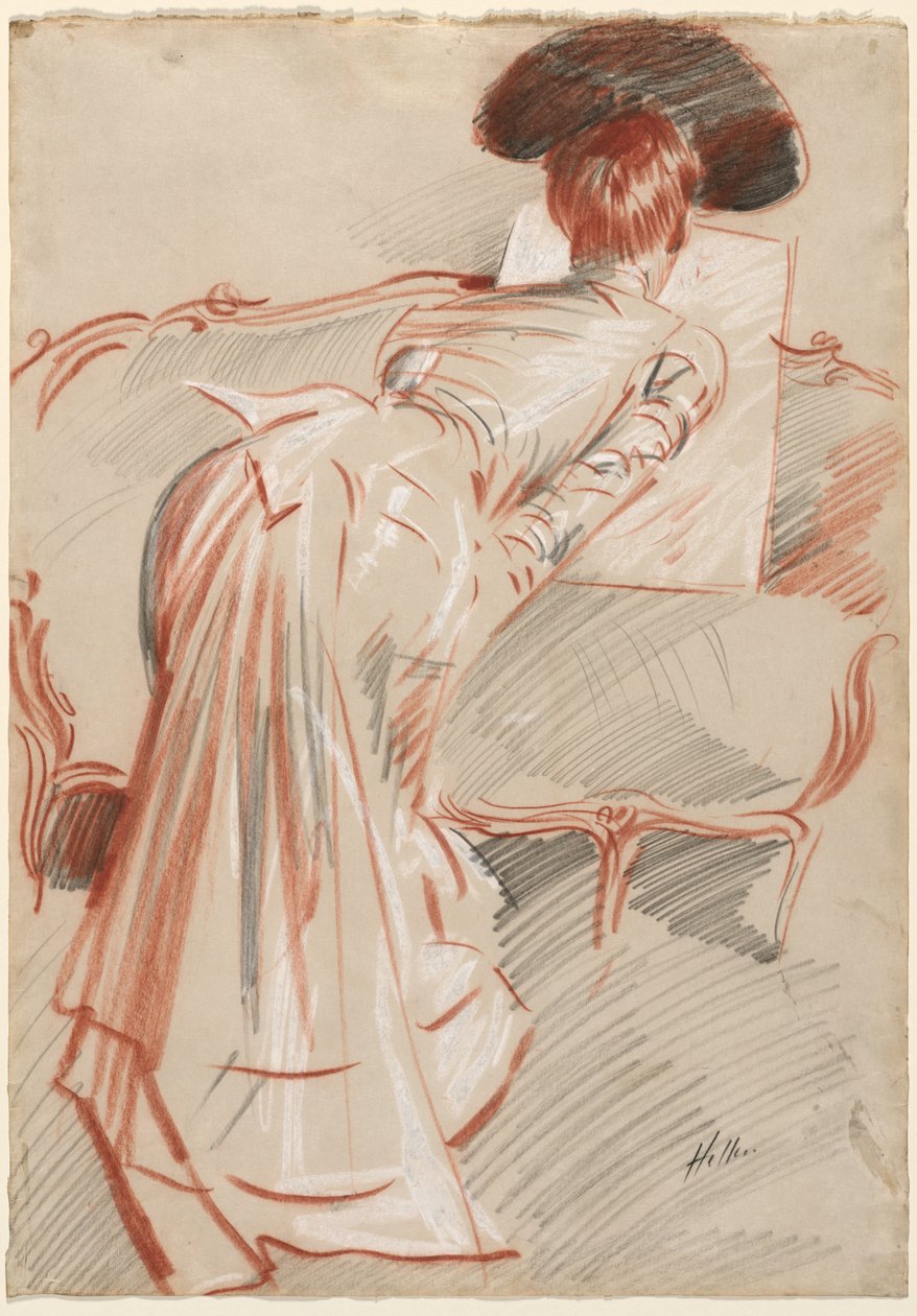 Donna, possibilmente Madame Alice Hellu, che guarda un disegno, c. 1895 da Paul Cesar Helleu