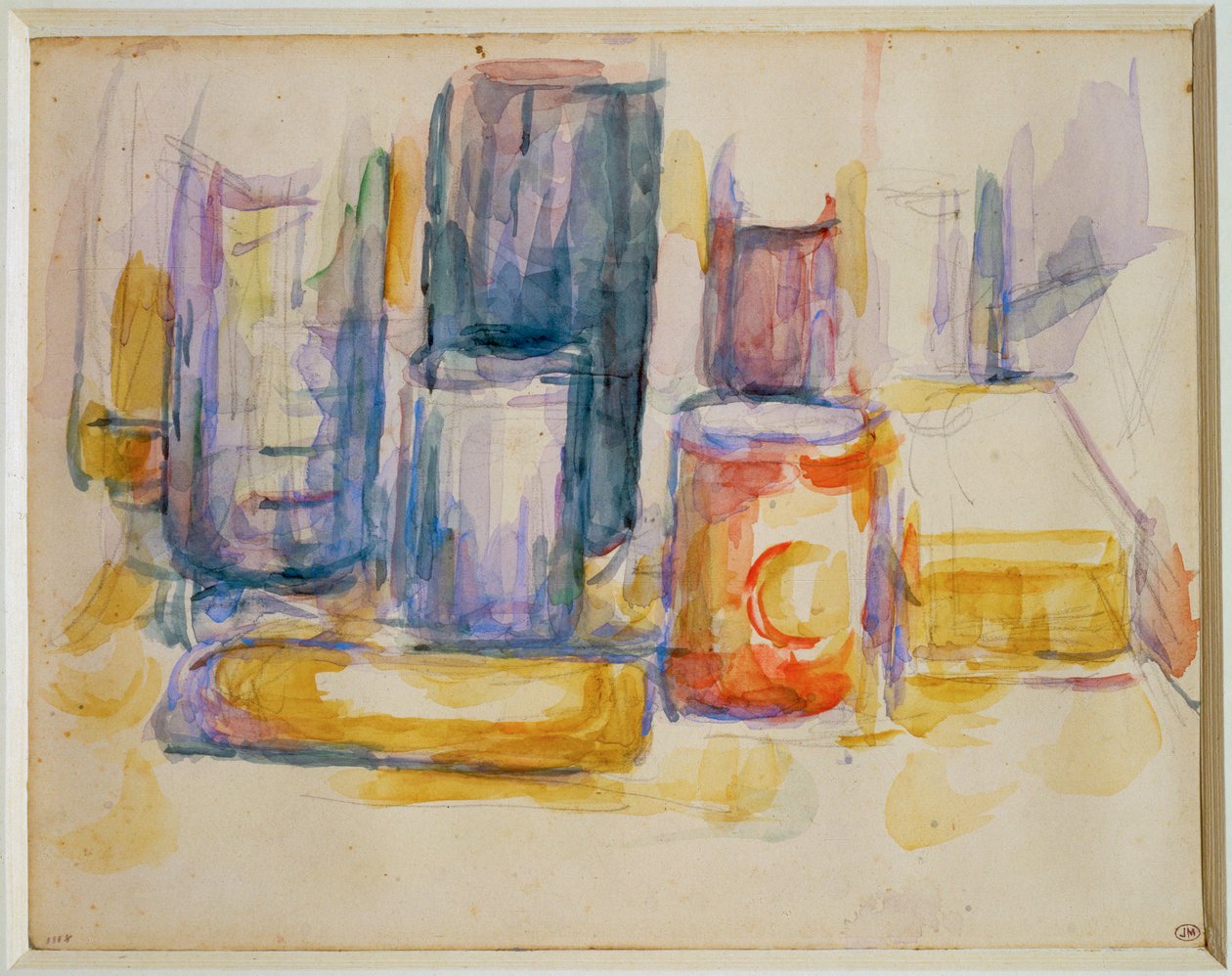 Tavolo da cucina, pentole e bottiglie (pittura) da Paul Cézanne