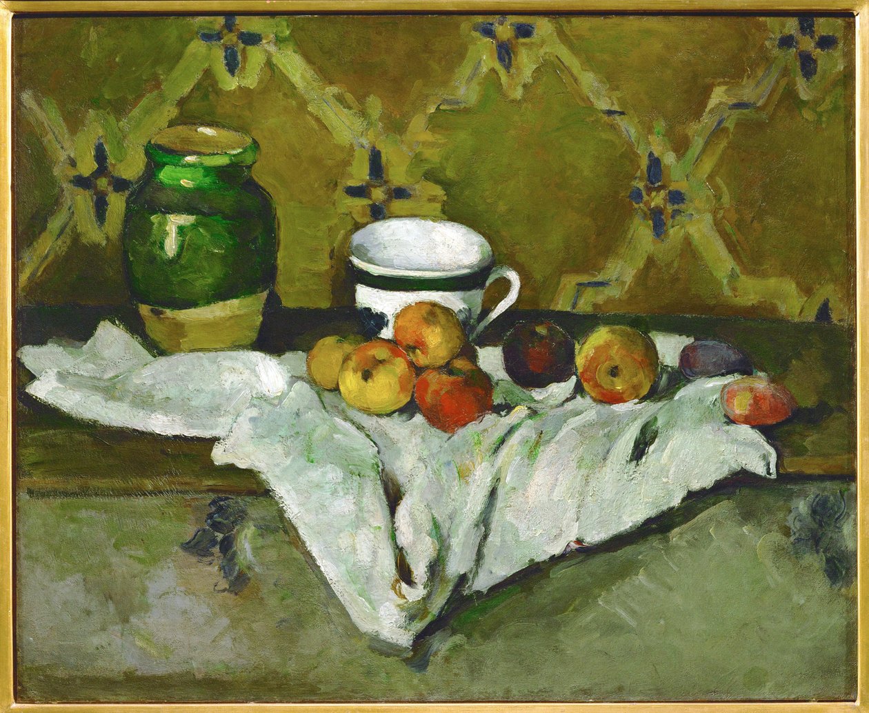 Nature Morte avec pot, tasse et pommes, Stillife con pentola, tazza e mele (dipinto) da Paul Cezanne
