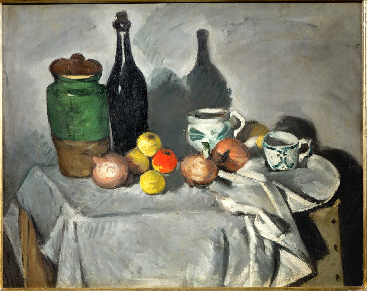 Natura morta: Vaso, bottiglia, tazza e frutta (olio su tela) da Paul Cezanne