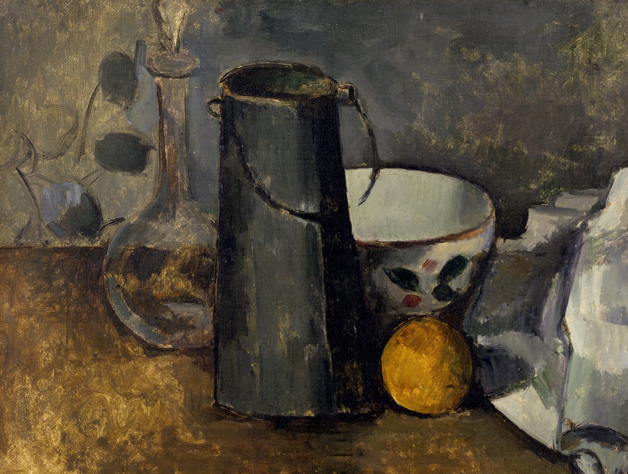 Natura morta con caraffa, lattiera, ciotola e arancia da Paul Cézanne