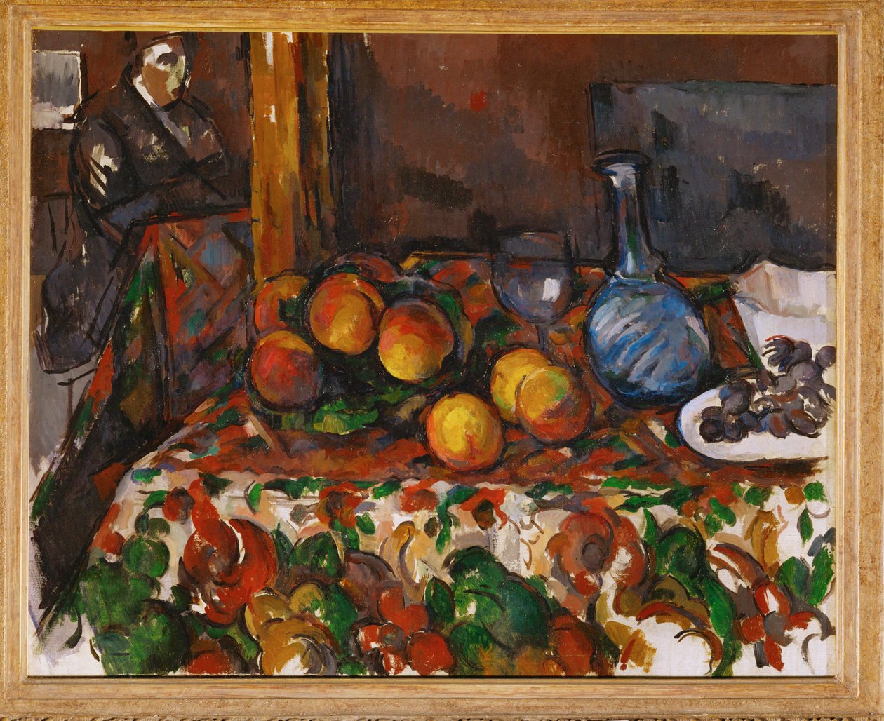 Natura morta con pesche, caraffa e figura (olio su tela) da Paul Cezanne