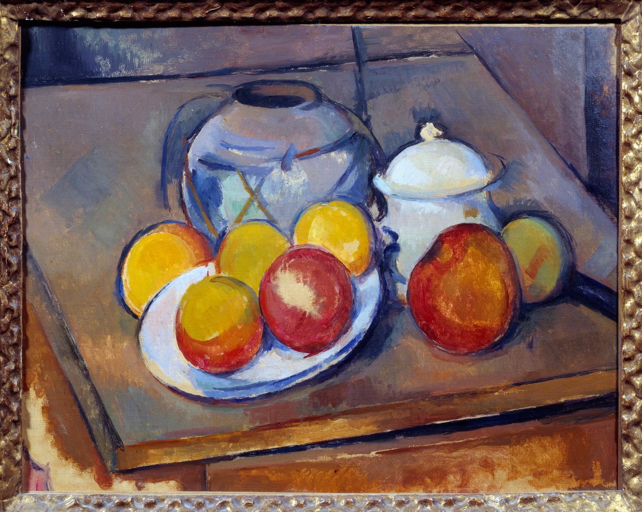 Vaso di paglia, zuccheriera e mele da Paul Cézanne