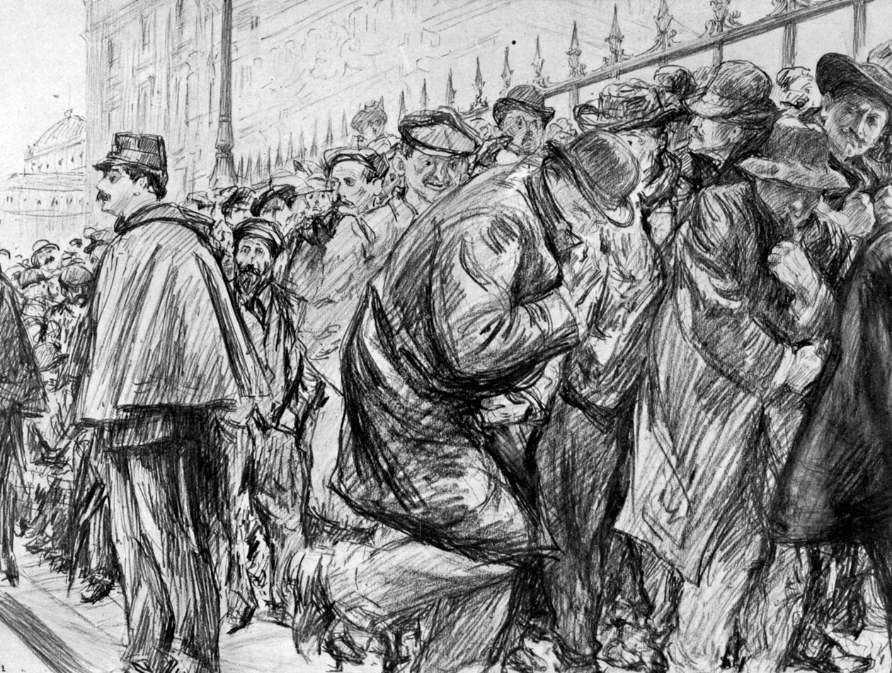 Fila fuori dal Palais de Justice durante il processo di Marguerite Steinheil, Parigi, Francia, 1909 da Paul Charles Renouard