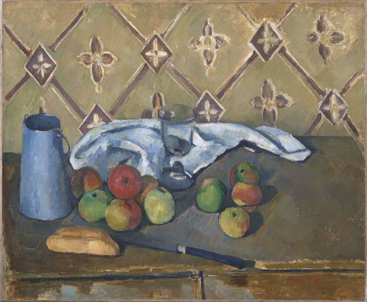 Frutta, tovagliolo e brocca di latte da Paul Cézanne