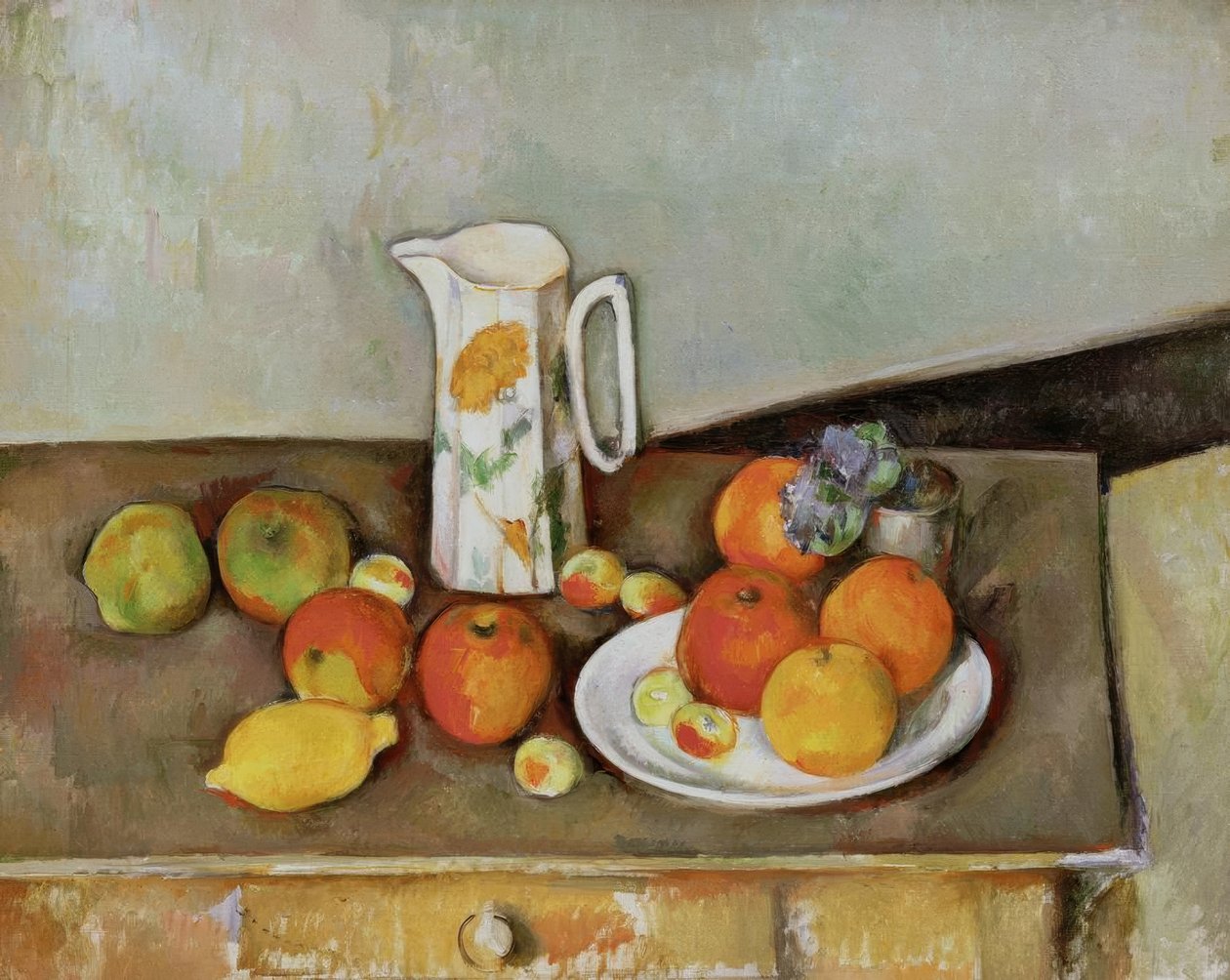 Natura morta: brocca e frutta su un tavolo da Paul Cézanne