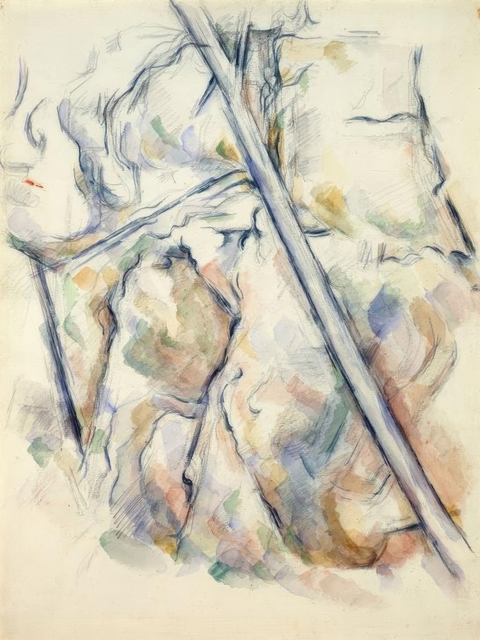 Pino e rocce vicino alle grotte sopra Château-Noir da Paul Cézanne