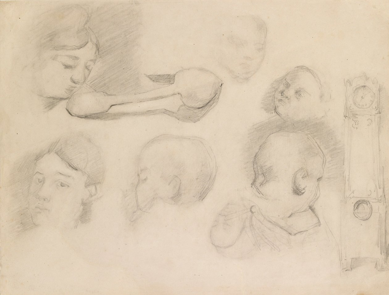 Studi di una testa di bambino, una testa di donna, un cucchiaio e un orologio a pendolo, c1872 da Paul Cézanne