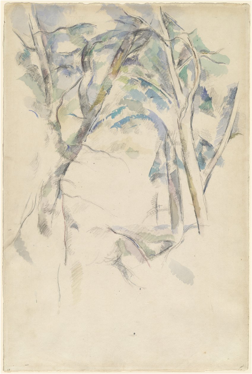 Alberi che si piegano sulle rocce da Paul Cézanne