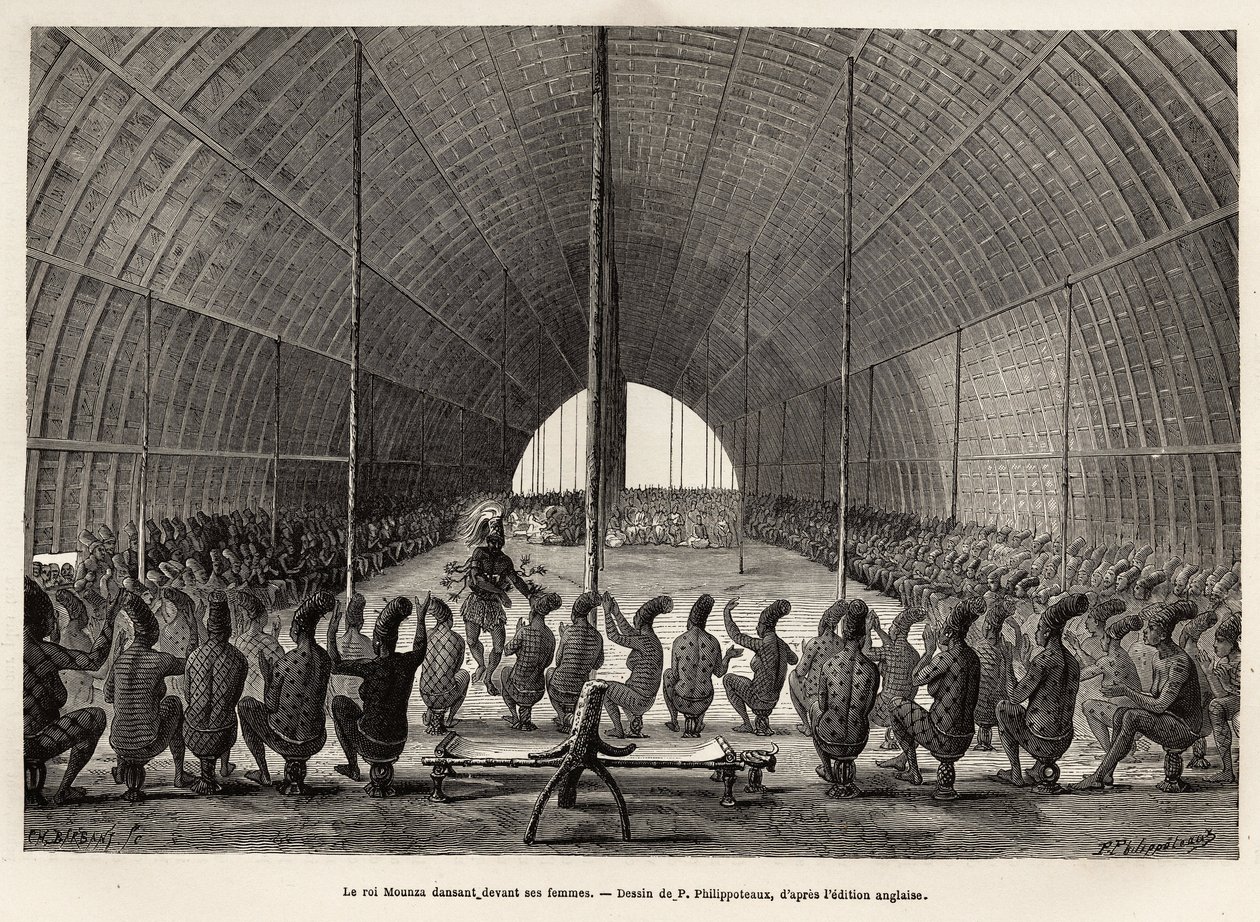 Mounza, re dei Mombouttous (Zaire), che danza davanti al suo serraglio, composto da 80 donne, incisione dopo il disegno di P.Philippoteaux, illustrando un viaggio nel cuore dell