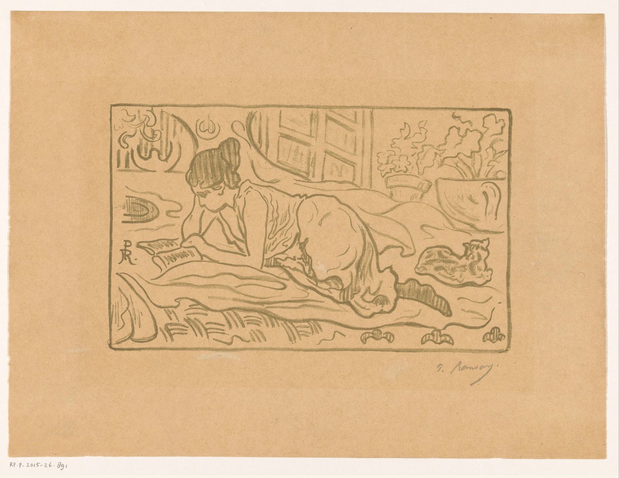 Donna che legge sdraiata sul letto da  (signed by artist) Paul Élie Ranson