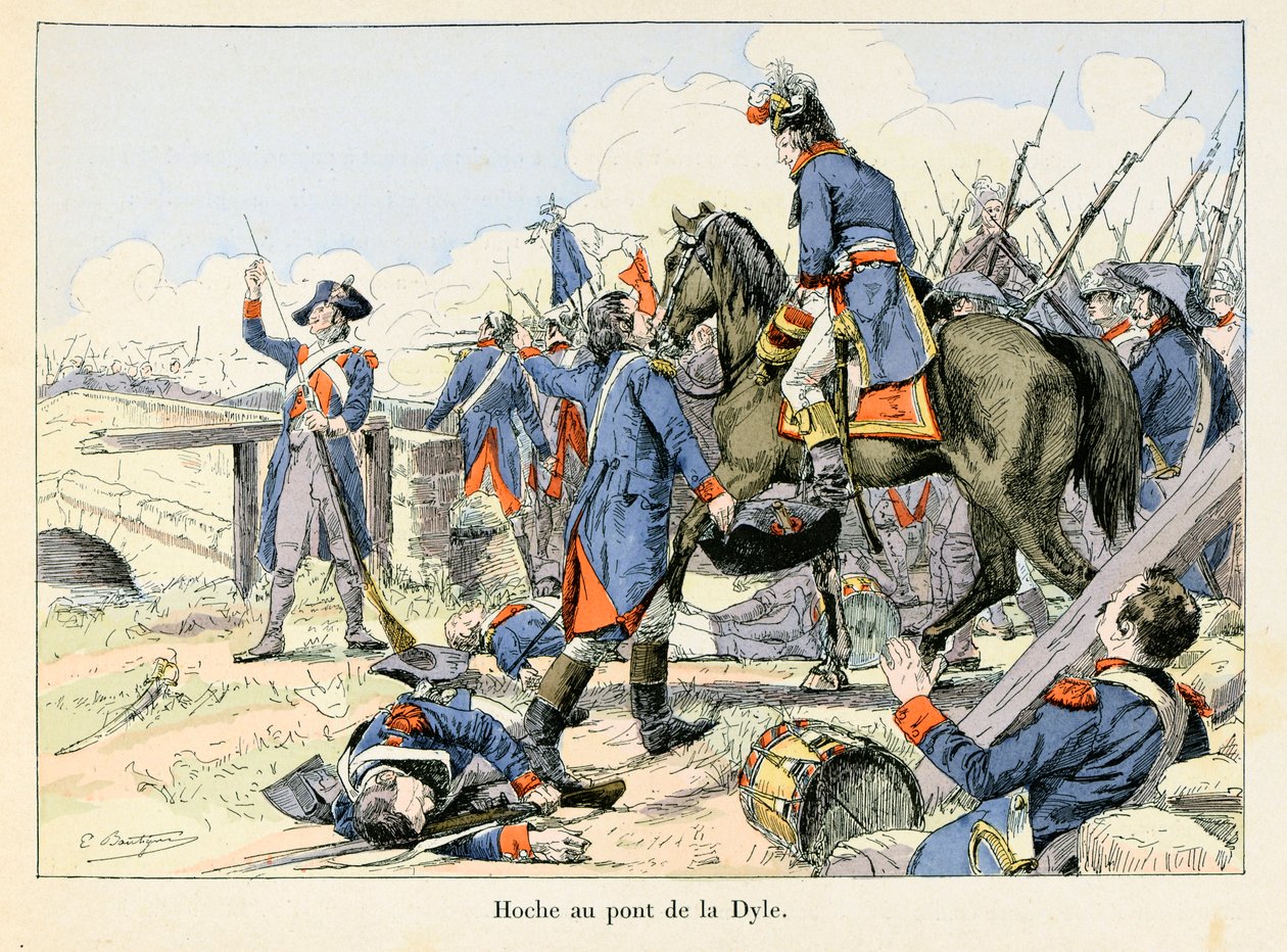 Hoche al ponte della Dyle: Nel marzo 1793, coprendo la ritirata al passaggio della Dyle davanti a Lovanio (Belgio), Lazare Hoche (1768-1797) combatté contro gli austriaci - illustrazione di Emile Boutigny (1853-1929) In "Hoche-Marceau-Desaix" di Théodore da Paul Émile Boutigny