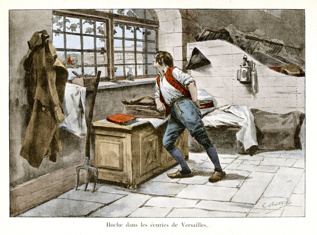 Rissa nelle scuderie di Versailles: Lazare Hoche (1768-1797) entrò nelle scuderie reali a 14 anni come assistente supernumerario - Illustrazione di Emile Boutigny (1853-1929) in Hoche-Marceau-Desaix di Théodore Cahu (1854-1928) - Collezione privata da Paul Émile Boutigny