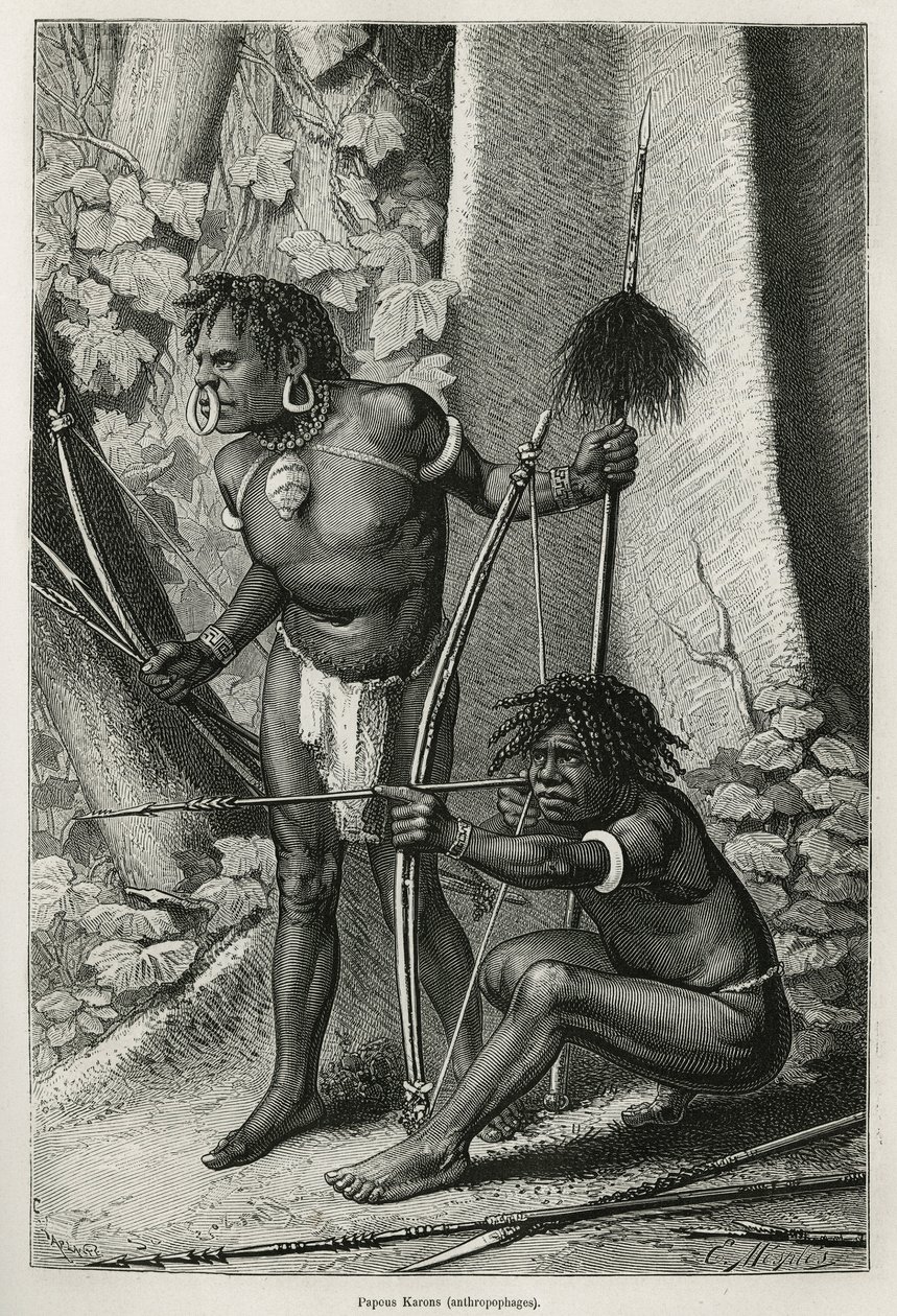 Ritratti di due papuani Karons, antropofagi, incisione di E. Mesples, per illustrare il viaggio in Nuova Guinea di Achille Raffray, incaricato di una missione scientifica dal Ministero della Pubblica Istruzione, nel 1876-1877, pubblicato in Le tour du mond da Paul Eugene (after) Mesples