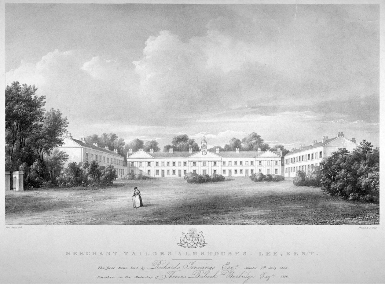 Veduta delle case di riposo dei Merchant Taylors su Lee High Road, Lewisham, Londra, 1826 da Paul Gauci