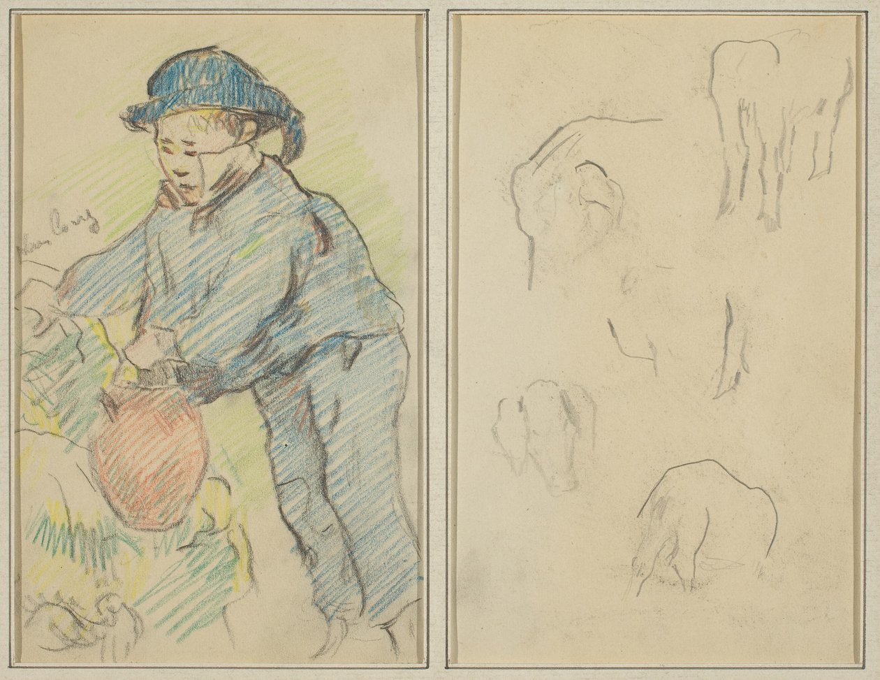 Un ragazzo bretone con una brocca; cinque forme animali (verso) da Paul Gauguin